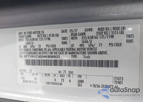 2017 Ford Transit-250 из США, поврежденный, VIN 1FTYR1CM2HKB06933